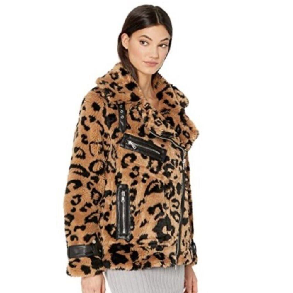 AVEC LES FILLES MOTO CAMEL LEOPARD FAUXFUR JACKET SIZE M